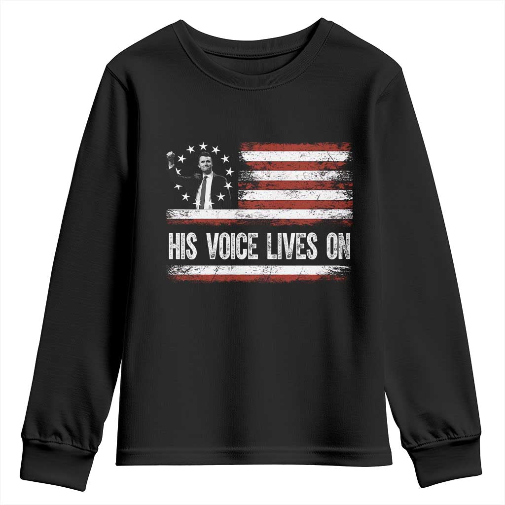 Charlie Kirk Memorial Youth Sweatshirt His Voice Lives On Vintage Patriotic American Flag - Wonder Print Shop