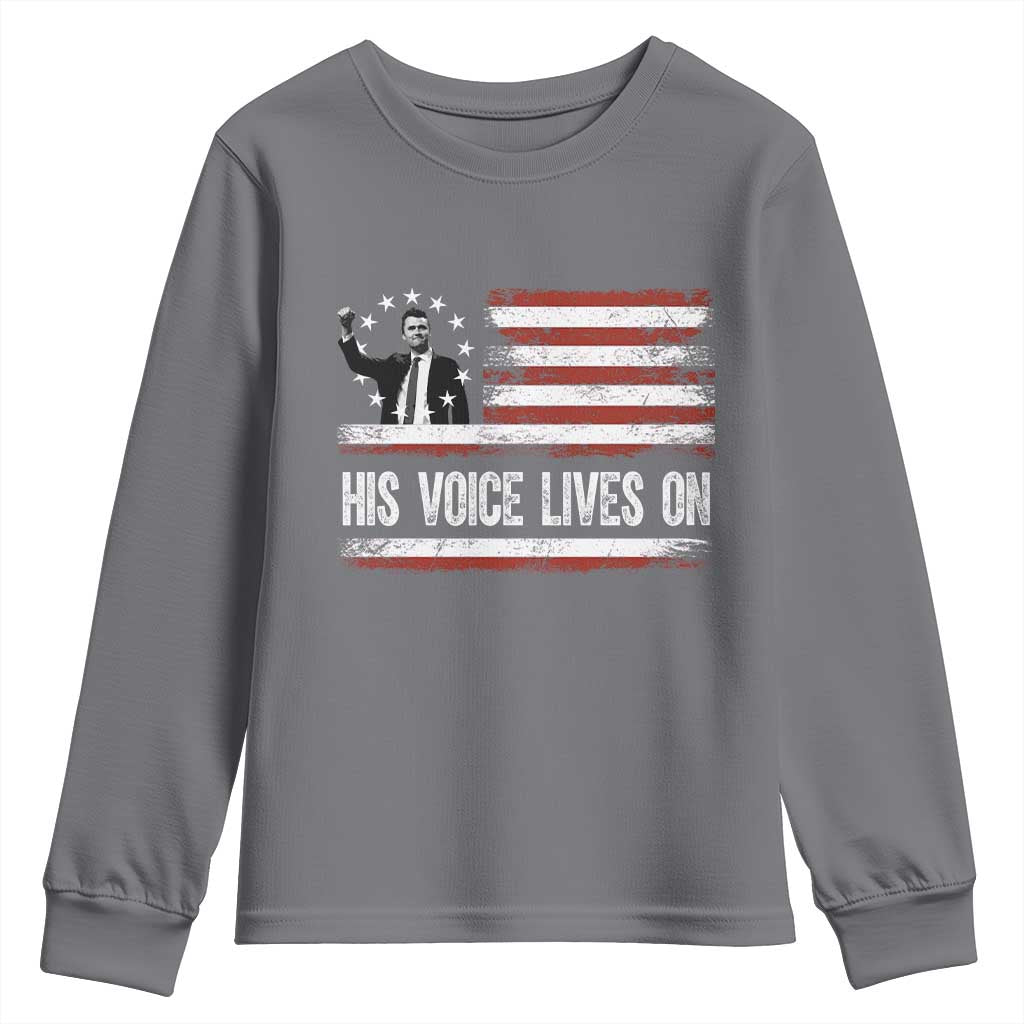 Charlie Kirk Memorial Youth Sweatshirt His Voice Lives On Vintage Patriotic American Flag - Wonder Print Shop