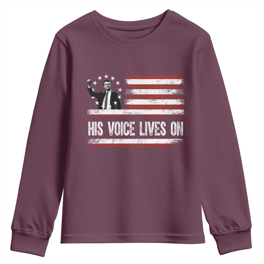 Charlie Kirk Memorial Youth Sweatshirt His Voice Lives On Vintage Patriotic American Flag - Wonder Print Shop