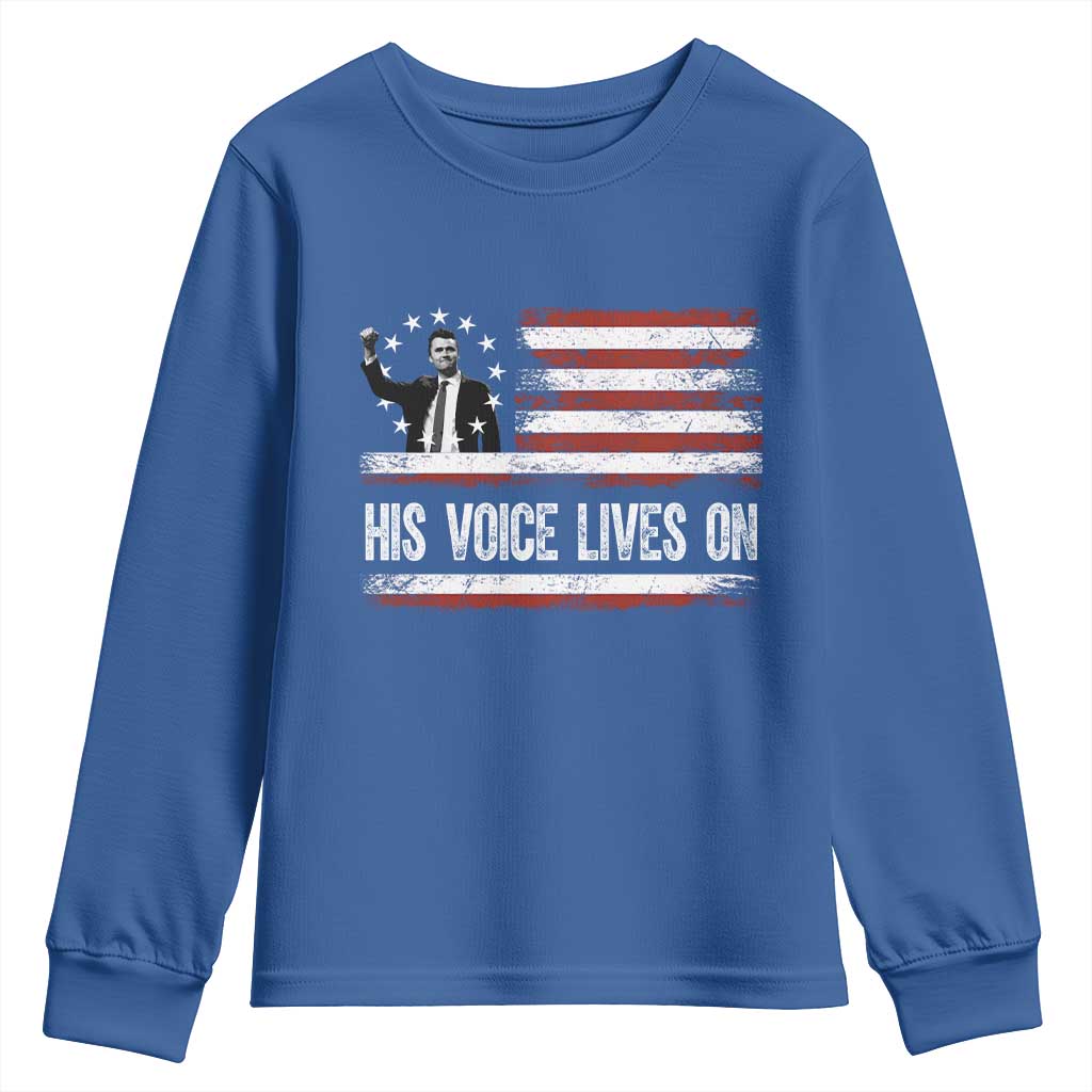 Charlie Kirk Memorial Youth Sweatshirt His Voice Lives On Vintage Patriotic American Flag - Wonder Print Shop