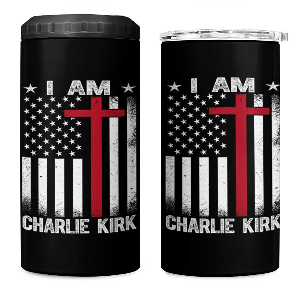 I Am Charlie Kirk 4 in 1 Can Cooler Tumbler Christian Cross Faith American Falg - Wonder Print Shop