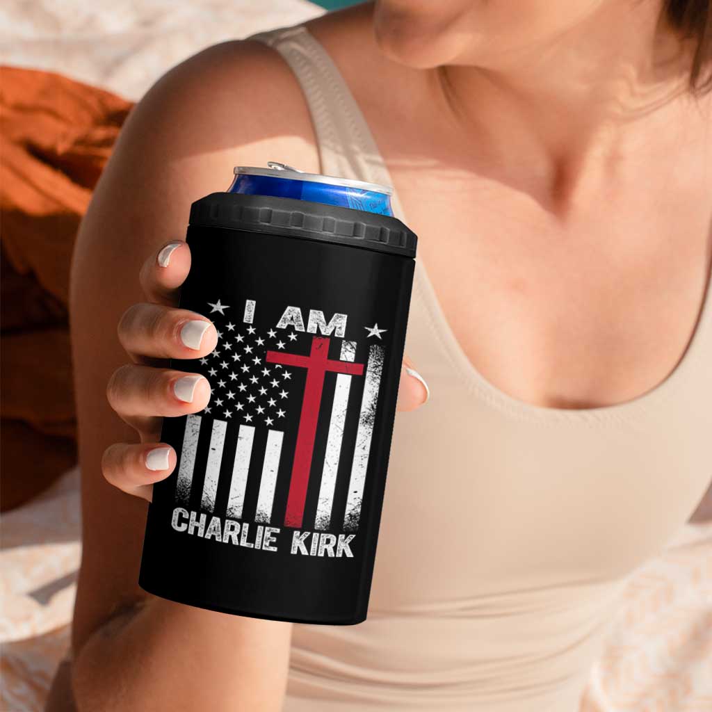 I Am Charlie Kirk 4 in 1 Can Cooler Tumbler Christian Cross Faith American Falg - Wonder Print Shop