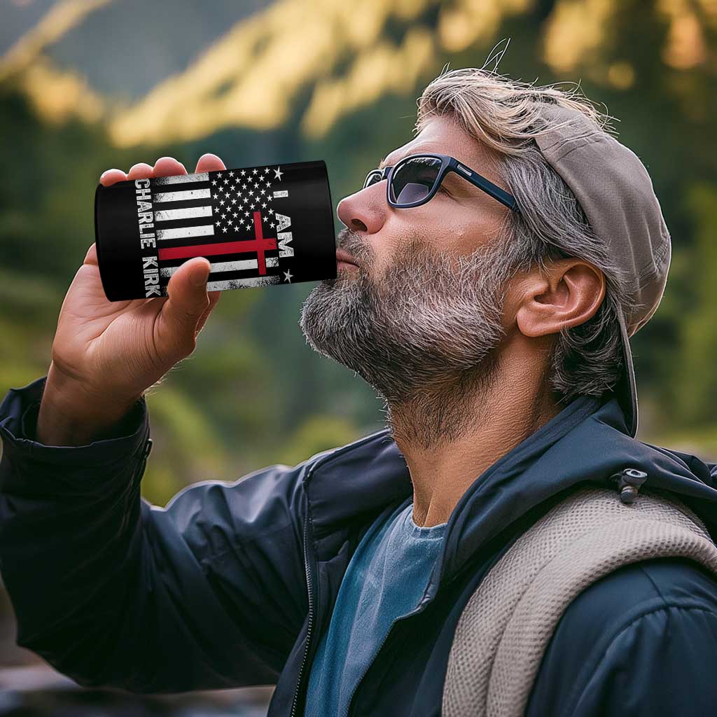 I Am Charlie Kirk 4 in 1 Can Cooler Tumbler Christian Cross Faith American Falg - Wonder Print Shop