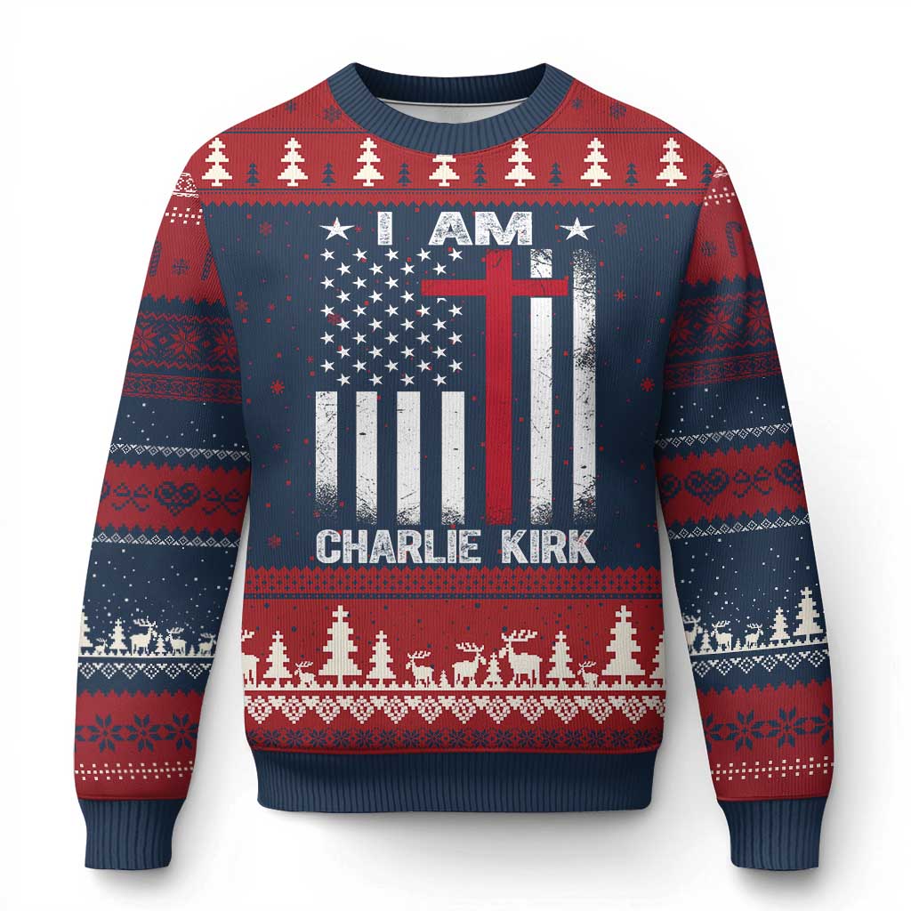 I Am Charlie Kirk Ugly Christmas Sweater Christian Cross Faith American Falg - Wonder Print Shop