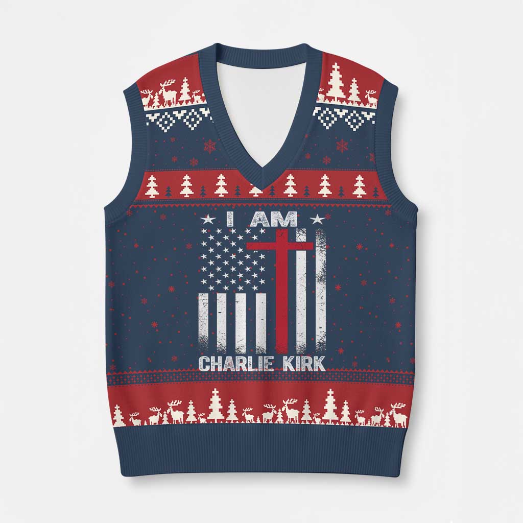 I Am Charlie Kirk V-Neck Knit Sweater Vest Christian Cross Faith American Falg - Wonder Print Shop