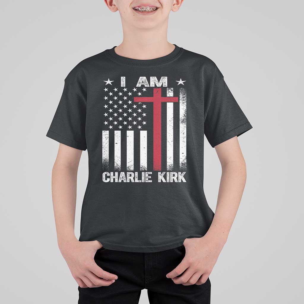 I Am Charlie Kirk T Shirt For Kid Christian Cross Faith American Falg - Wonder Print Shop