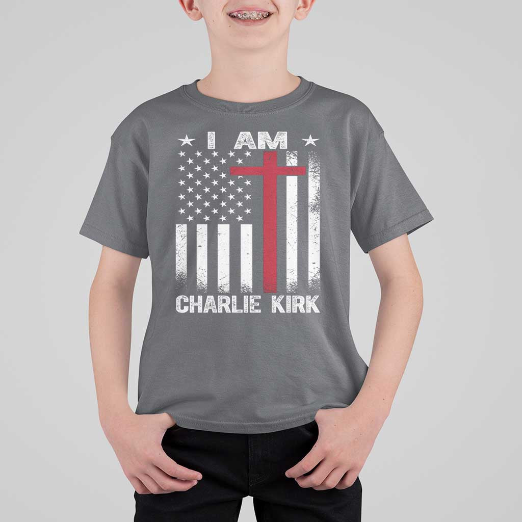 I Am Charlie Kirk T Shirt For Kid Christian Cross Faith American Falg - Wonder Print Shop