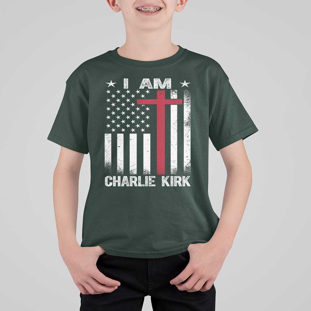 I Am Charlie Kirk T Shirt For Kid Christian Cross Faith American Falg - Wonder Print Shop