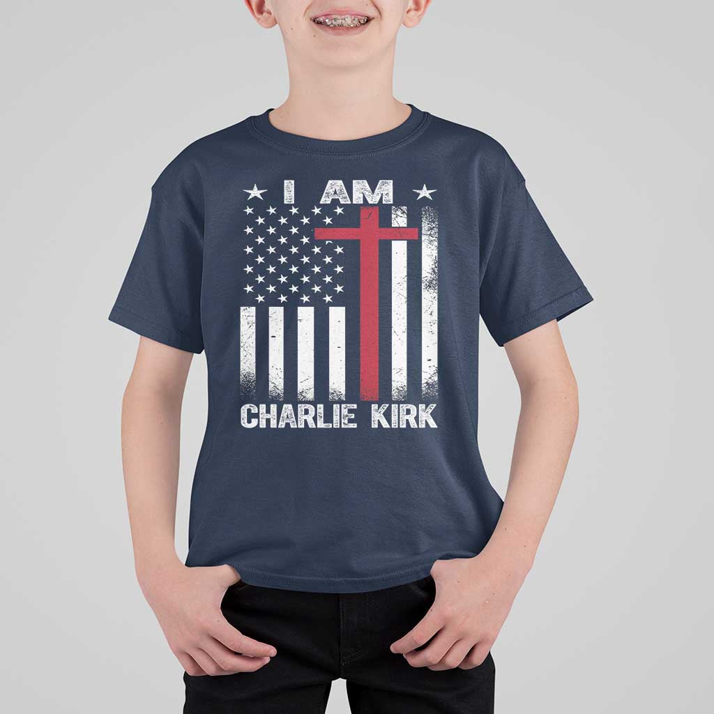I Am Charlie Kirk T Shirt For Kid Christian Cross Faith American Falg - Wonder Print Shop