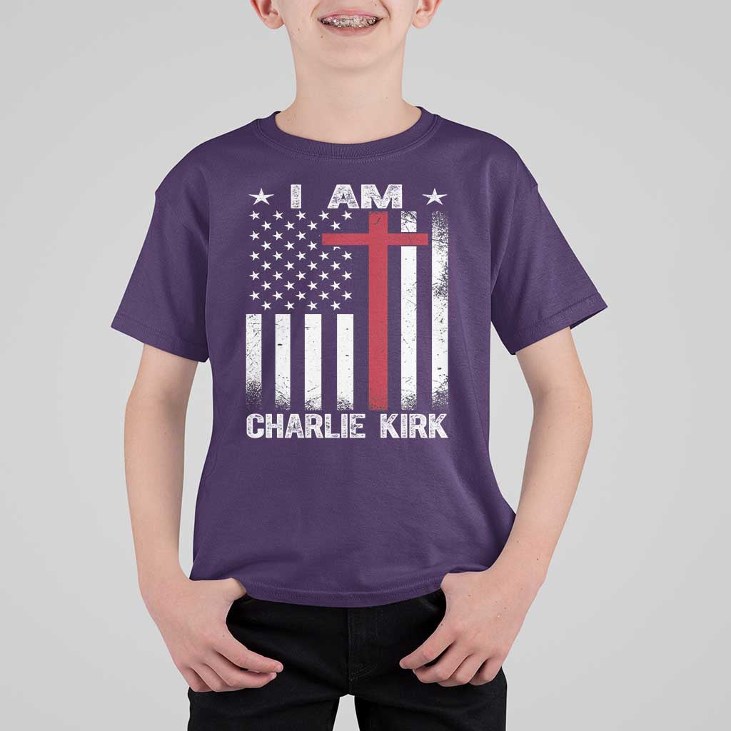 I Am Charlie Kirk T Shirt For Kid Christian Cross Faith American Falg - Wonder Print Shop