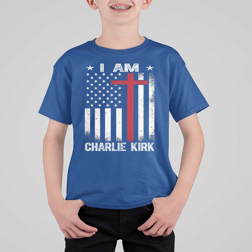 I Am Charlie Kirk T Shirt For Kid Christian Cross Faith American Falg - Wonder Print Shop