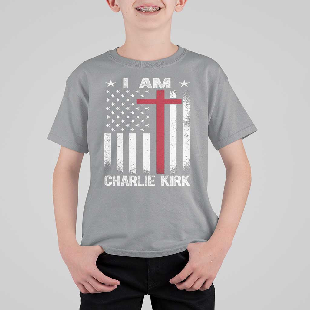 I Am Charlie Kirk T Shirt For Kid Christian Cross Faith American Falg - Wonder Print Shop
