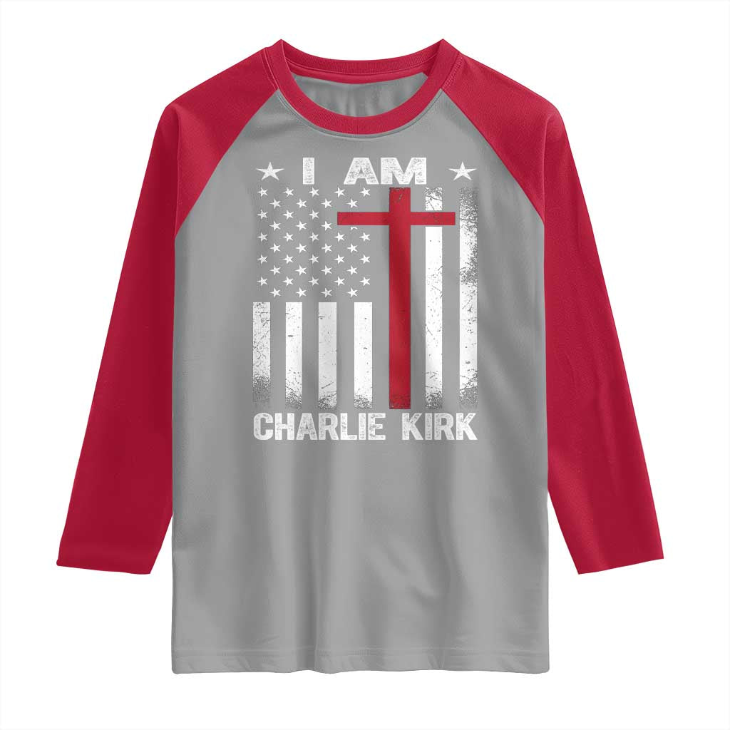 I Am Charlie Kirk Raglan Shirt Christian Cross Faith American Falg - Wonder Print Shop