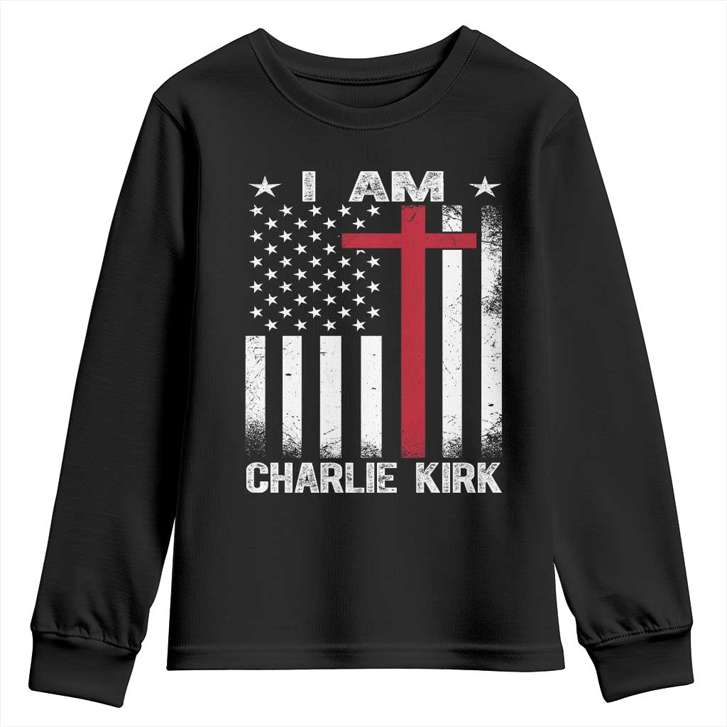 I Am Charlie Kirk Youth Sweatshirt Christian Cross Faith American Falg - Wonder Print Shop
