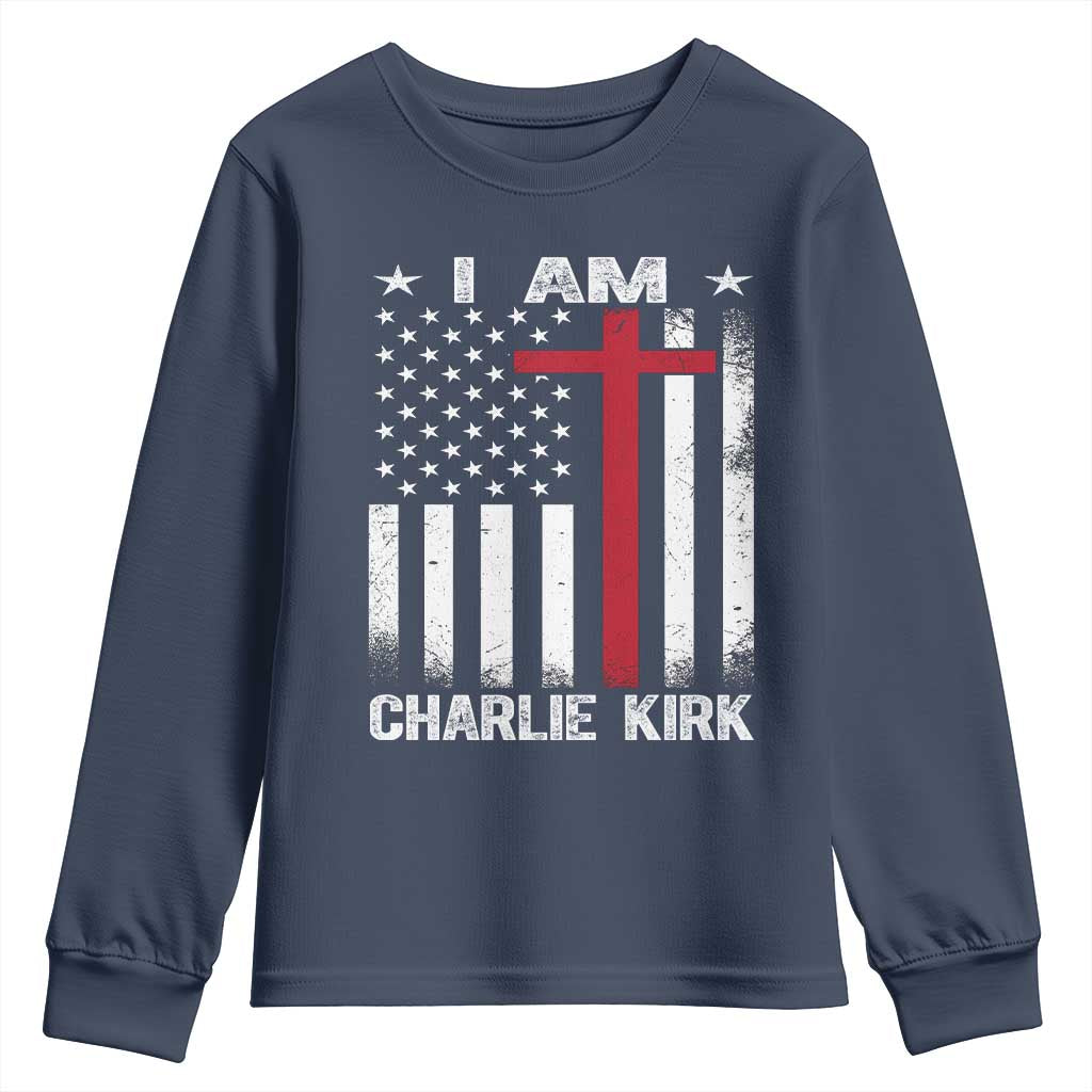 I Am Charlie Kirk Youth Sweatshirt Christian Cross Faith American Falg - Wonder Print Shop