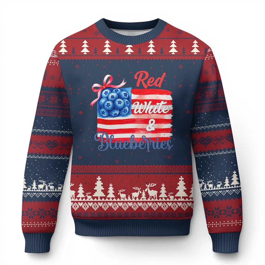 Red White and Blueberries Ugly Christmas Sweater Patriotic Vintage American Flag Coquette Bow - Wonder Print Shop