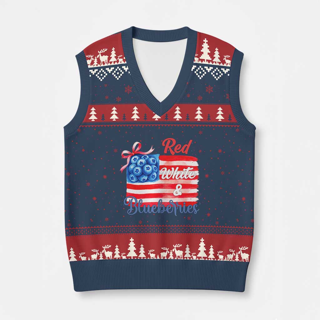 Red White and Blueberries V-Neck Knit Sweater Vest Patriotic Vintage American Flag Coquette Bow - Wonder Print Shop