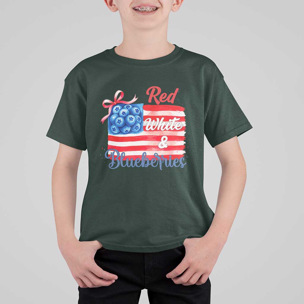 Red White and Blueberries T Shirt For Kid Patriotic Vintage American Flag Coquette Bow - Wonder Print Shop