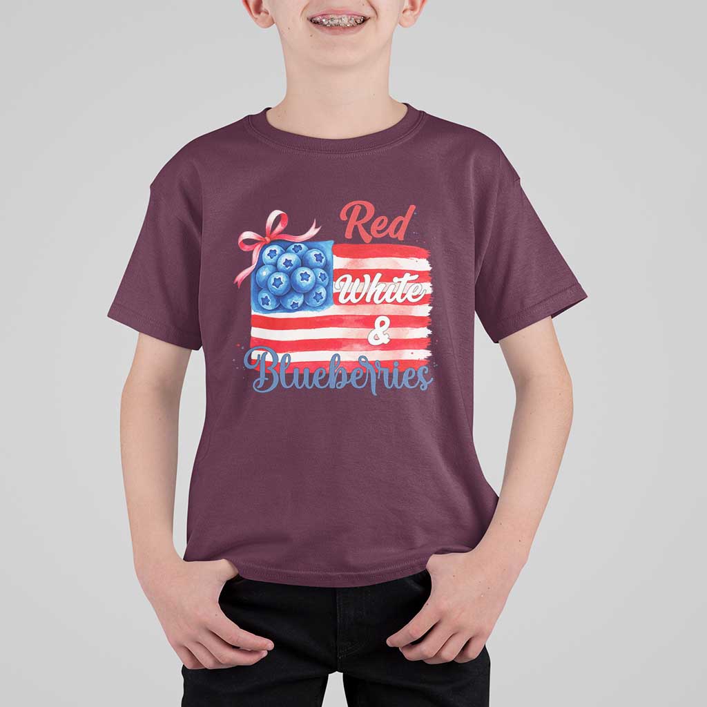 Red White and Blueberries T Shirt For Kid Patriotic Vintage American Flag Coquette Bow - Wonder Print Shop