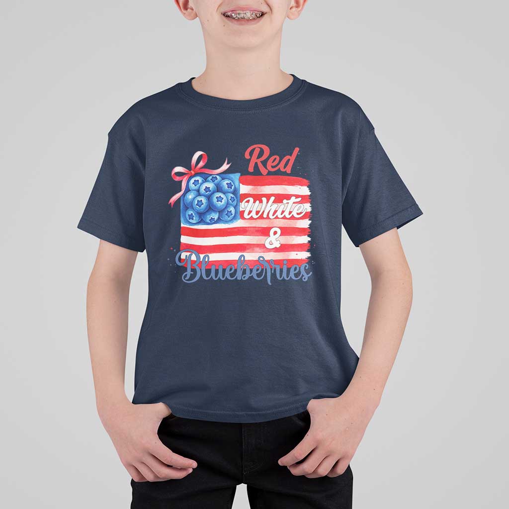 Red White and Blueberries T Shirt For Kid Patriotic Vintage American Flag Coquette Bow - Wonder Print Shop