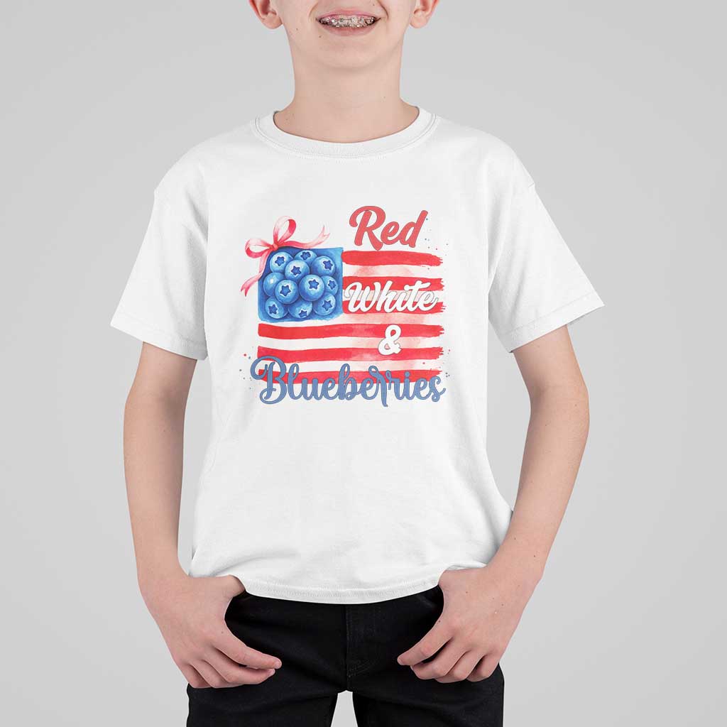 Red White and Blueberries T Shirt For Kid Patriotic Vintage American Flag Coquette Bow - Wonder Print Shop