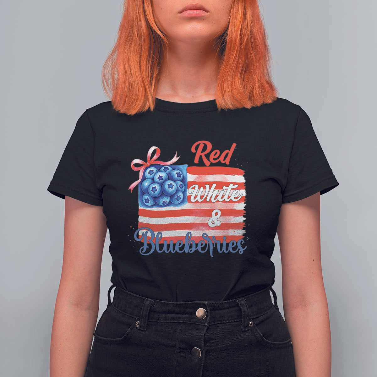 Red White and Blueberries T Shirt For Women Patriotic Vintage American Flag Coquette Bow - Wonder Print Shop