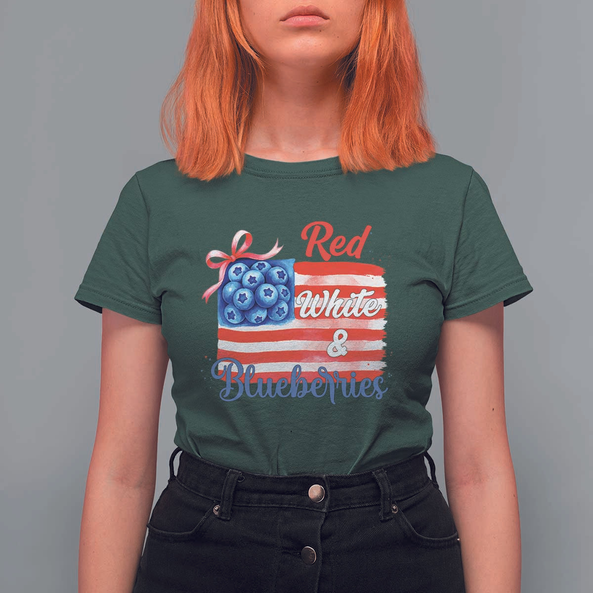 Red White and Blueberries T Shirt For Women Patriotic Vintage American Flag Coquette Bow - Wonder Print Shop