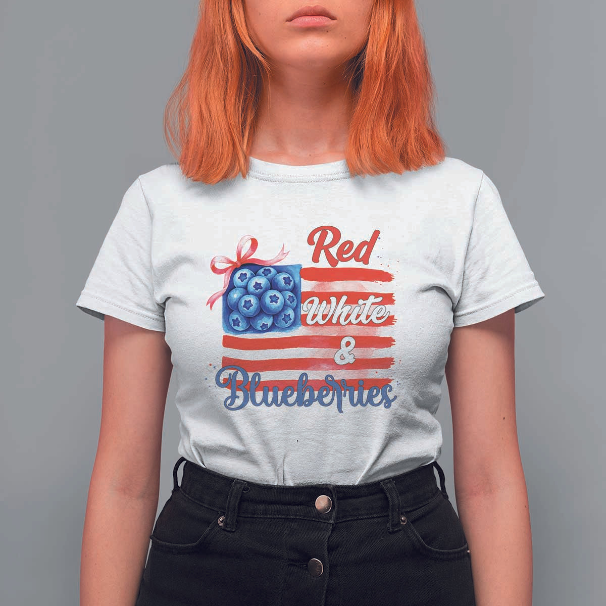 Red White and Blueberries T Shirt For Women Patriotic Vintage American Flag Coquette Bow - Wonder Print Shop