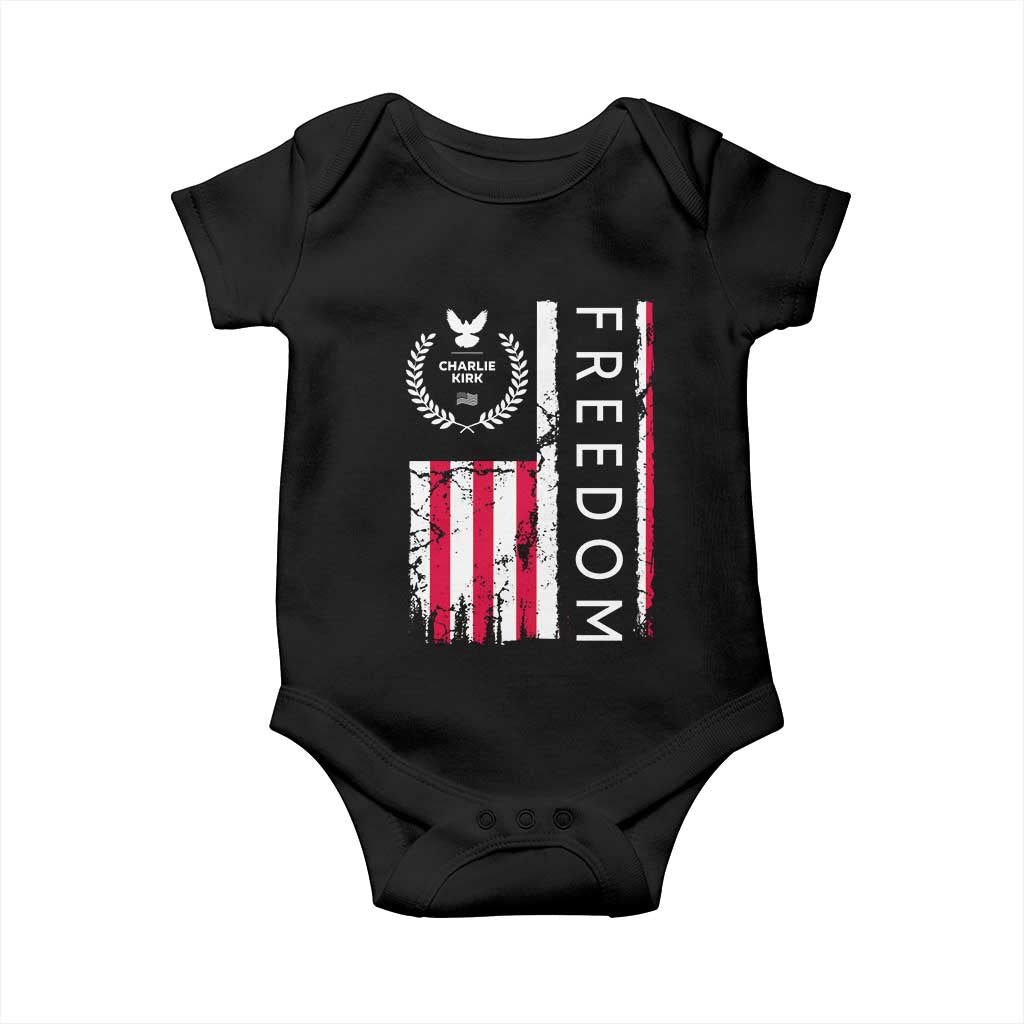 Freedom Charlie Kirk Tribute Baby Onesie Patriotic Legacy Eagle Distressed American Flag - Wonder Print Shop