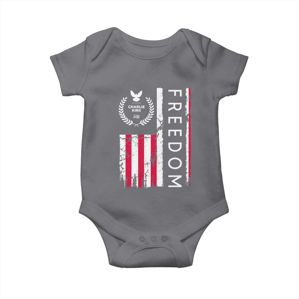 Freedom Charlie Kirk Tribute Baby Onesie Patriotic Legacy Eagle Distressed American Flag - Wonder Print Shop