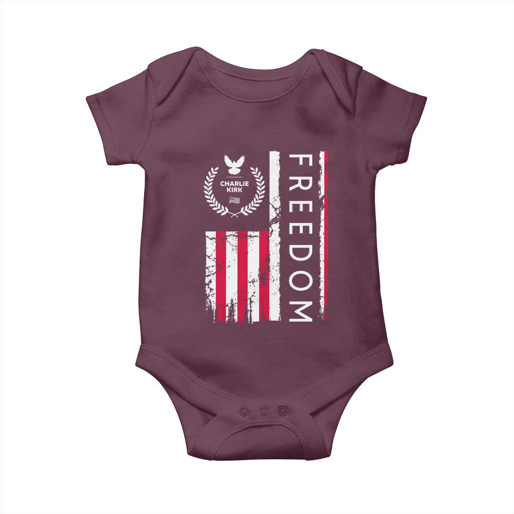 Freedom Charlie Kirk Tribute Baby Onesie Patriotic Legacy Eagle Distressed American Flag - Wonder Print Shop