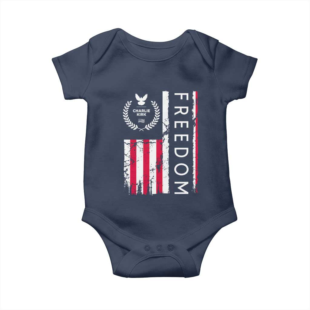 Freedom Charlie Kirk Tribute Baby Onesie Patriotic Legacy Eagle Distressed American Flag - Wonder Print Shop