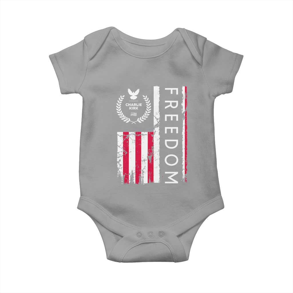 Freedom Charlie Kirk Tribute Baby Onesie Patriotic Legacy Eagle Distressed American Flag - Wonder Print Shop