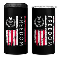Freedom Charlie Kirk Tribute 4 in 1 Can Cooler Tumbler Patriotic Legacy Eagle Distressed American Flag - Wonder Print Shop