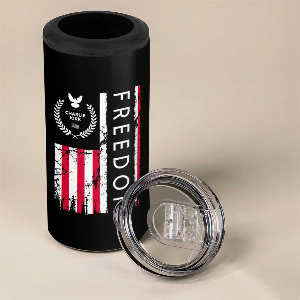 Freedom Charlie Kirk Tribute 4 in 1 Can Cooler Tumbler Patriotic Legacy Eagle Distressed American Flag - Wonder Print Shop