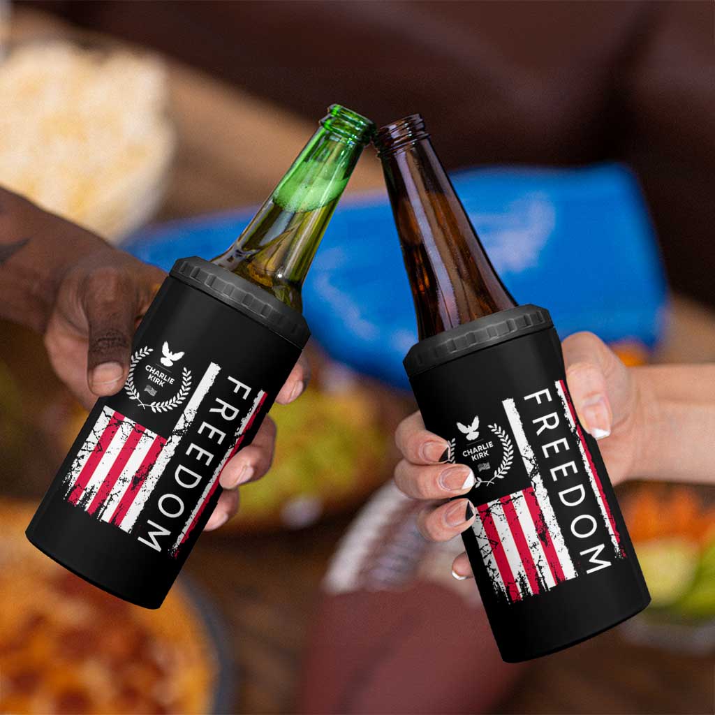 Freedom Charlie Kirk Tribute 4 in 1 Can Cooler Tumbler Patriotic Legacy Eagle Distressed American Flag - Wonder Print Shop