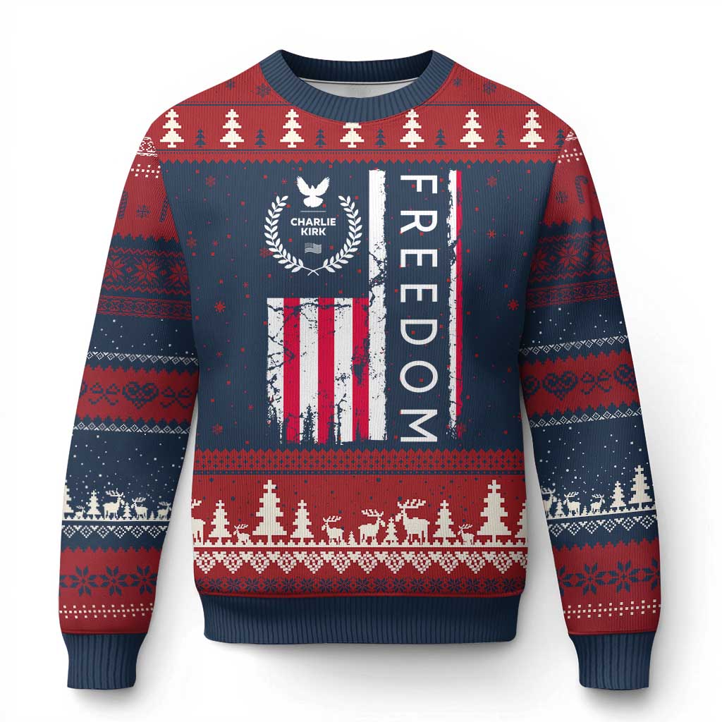 Freedom Charlie Kirk Tribute Ugly Christmas Sweater Patriotic Legacy Eagle Distressed American Flag - Wonder Print Shop