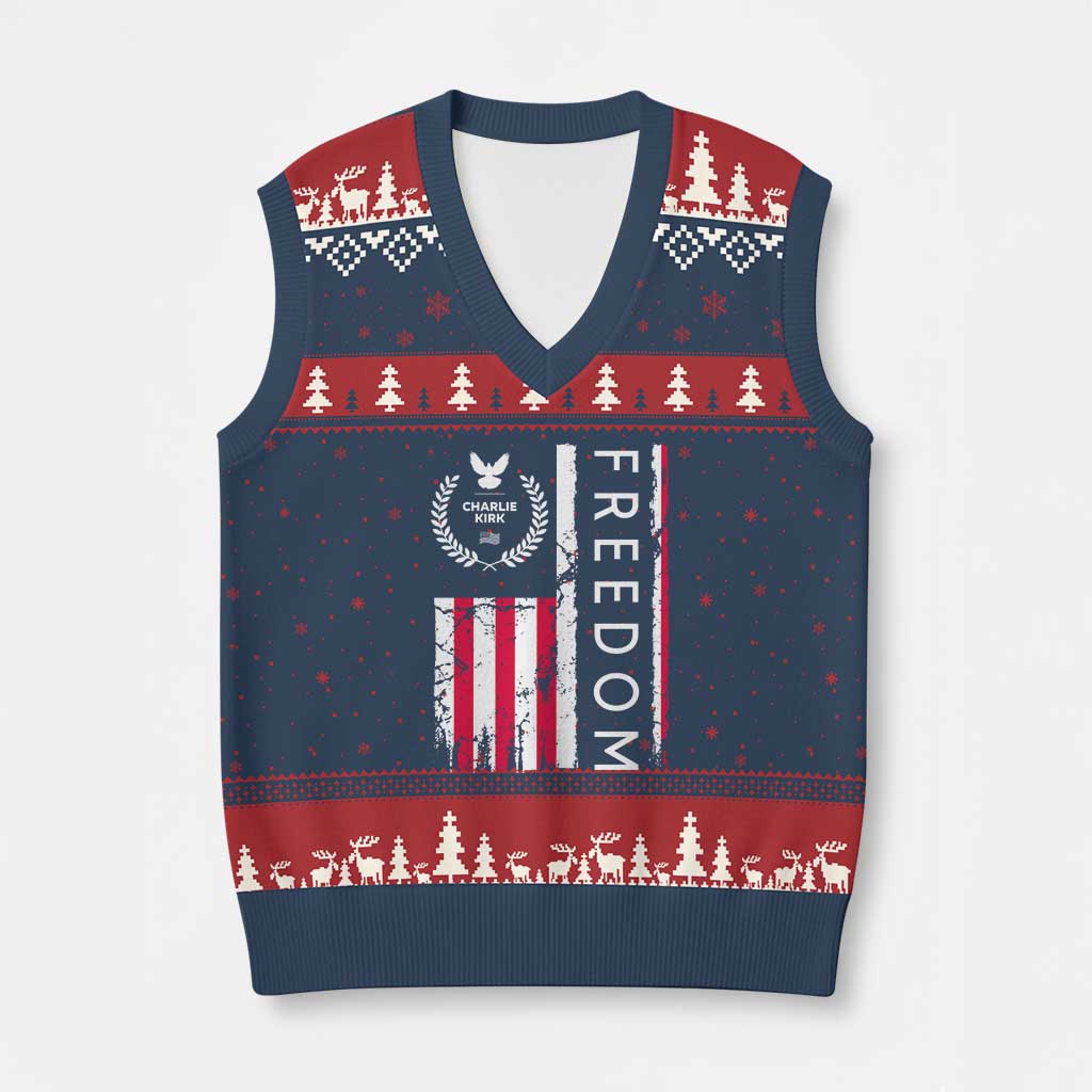 Freedom Charlie Kirk Tribute V-Neck Knit Sweater Vest Patriotic Legacy Eagle Distressed American Flag - Wonder Print Shop