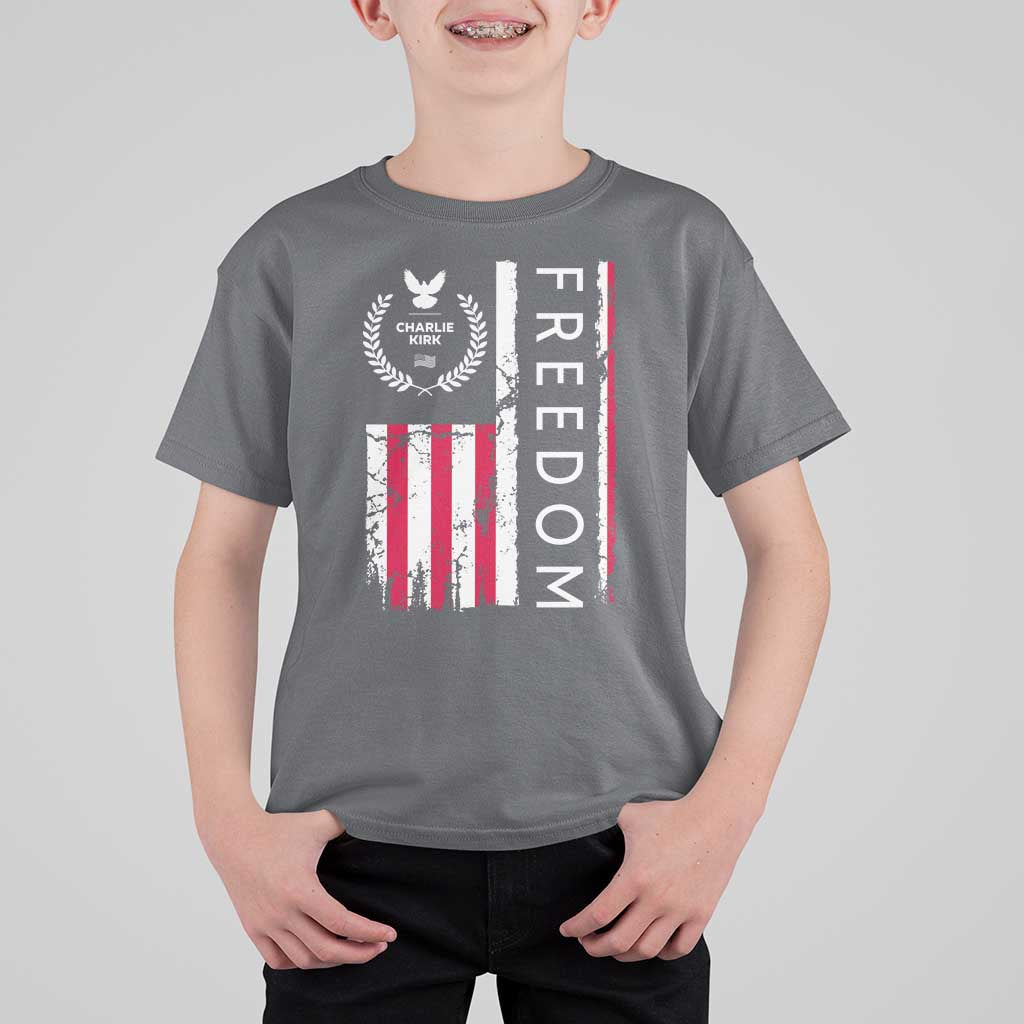 Freedom Charlie Kirk Tribute T Shirt For Kid Patriotic Legacy Eagle Distressed American Flag - Wonder Print Shop