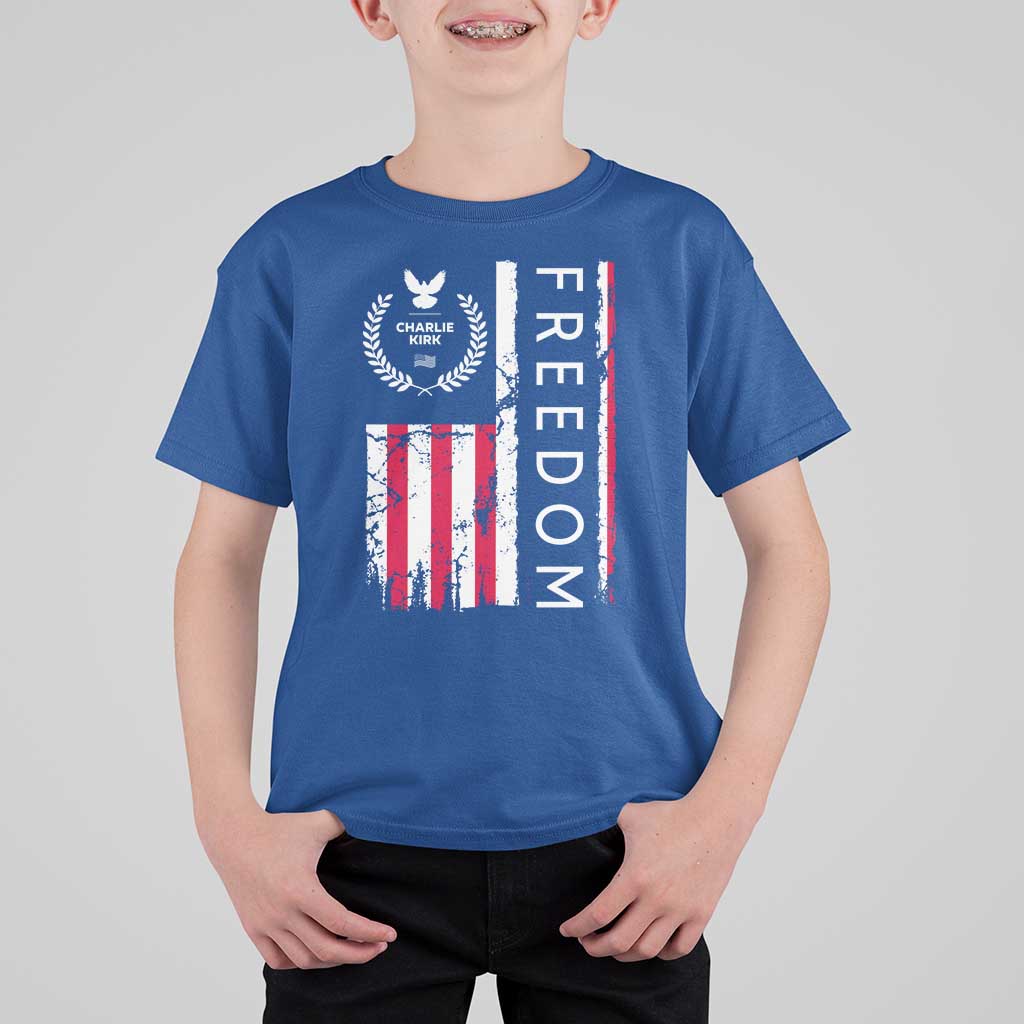 Freedom Charlie Kirk Tribute T Shirt For Kid Patriotic Legacy Eagle Distressed American Flag - Wonder Print Shop