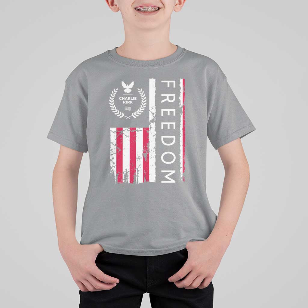 Freedom Charlie Kirk Tribute T Shirt For Kid Patriotic Legacy Eagle Distressed American Flag - Wonder Print Shop