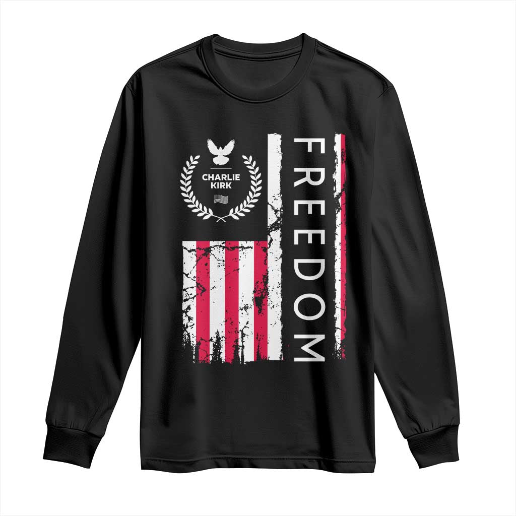 Freedom Charlie Kirk Tribute Long Sleeve Shirt Patriotic Legacy Eagle Distressed American Flag - Wonder Print Shop