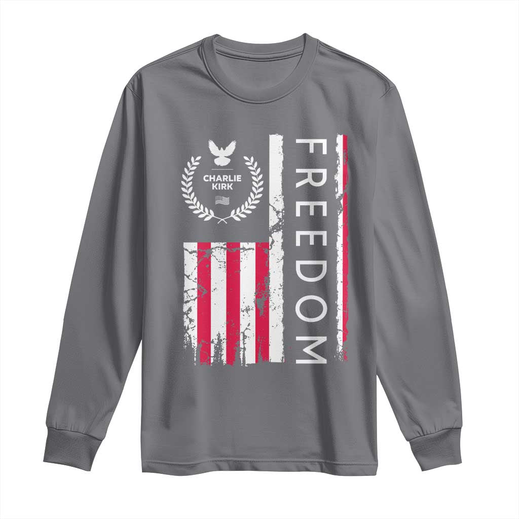 Freedom Charlie Kirk Tribute Long Sleeve Shirt Patriotic Legacy Eagle Distressed American Flag - Wonder Print Shop
