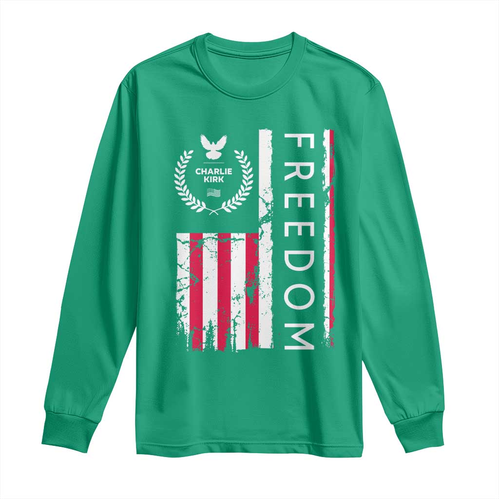 Freedom Charlie Kirk Tribute Long Sleeve Shirt Patriotic Legacy Eagle Distressed American Flag - Wonder Print Shop