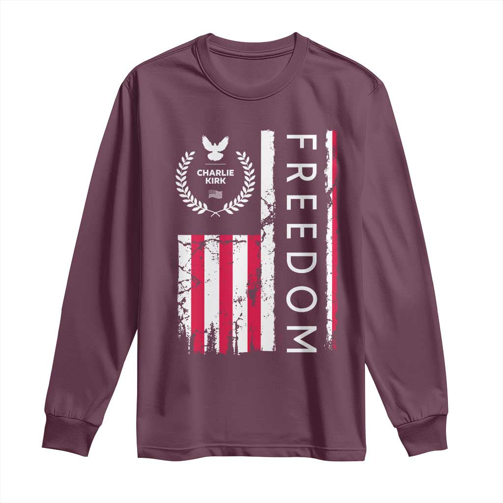 Freedom Charlie Kirk Tribute Long Sleeve Shirt Patriotic Legacy Eagle Distressed American Flag - Wonder Print Shop