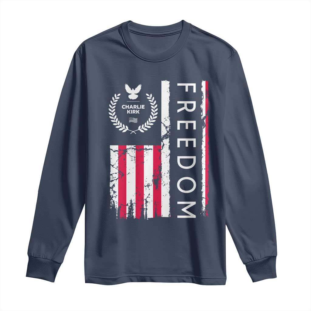 Freedom Charlie Kirk Tribute Long Sleeve Shirt Patriotic Legacy Eagle Distressed American Flag - Wonder Print Shop