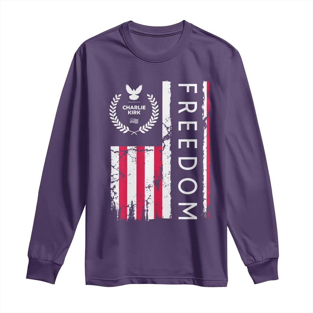 Freedom Charlie Kirk Tribute Long Sleeve Shirt Patriotic Legacy Eagle Distressed American Flag - Wonder Print Shop