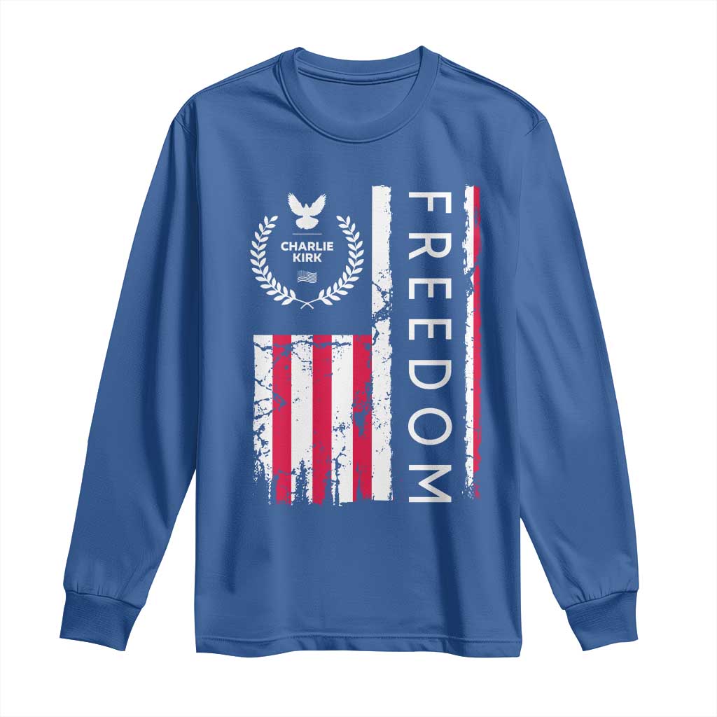 Freedom Charlie Kirk Tribute Long Sleeve Shirt Patriotic Legacy Eagle Distressed American Flag - Wonder Print Shop