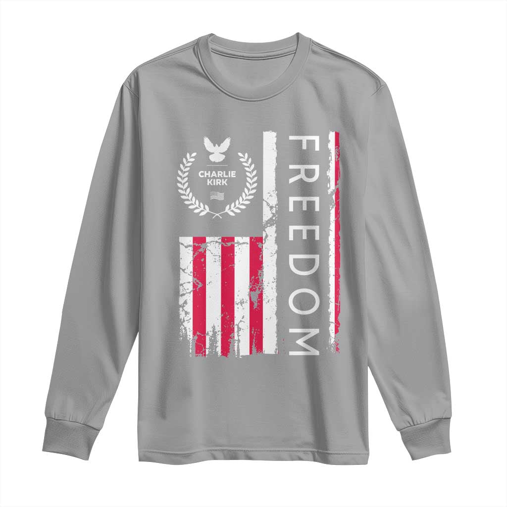 Freedom Charlie Kirk Tribute Long Sleeve Shirt Patriotic Legacy Eagle Distressed American Flag - Wonder Print Shop