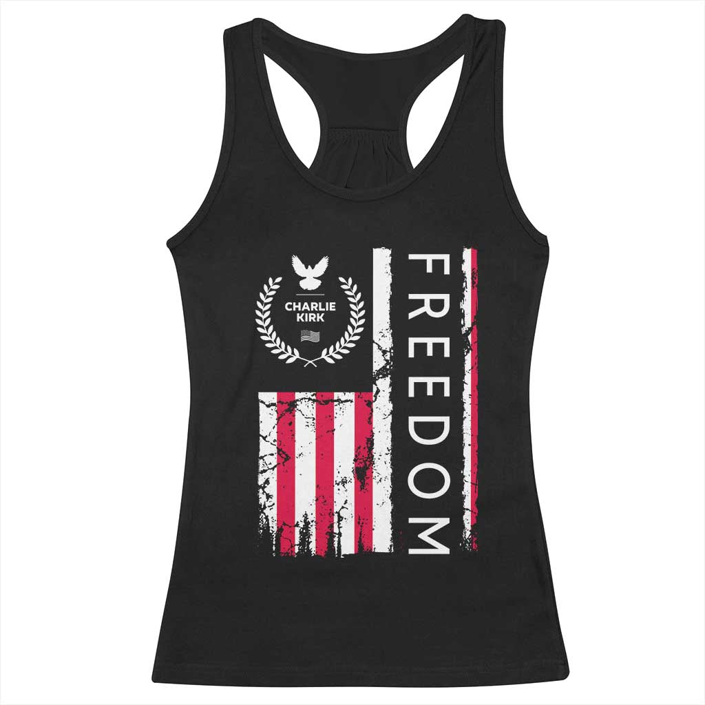 Freedom Charlie Kirk Tribute Racerback Tank Top Patriotic Legacy Eagle Distressed American Flag - Wonder Print Shop